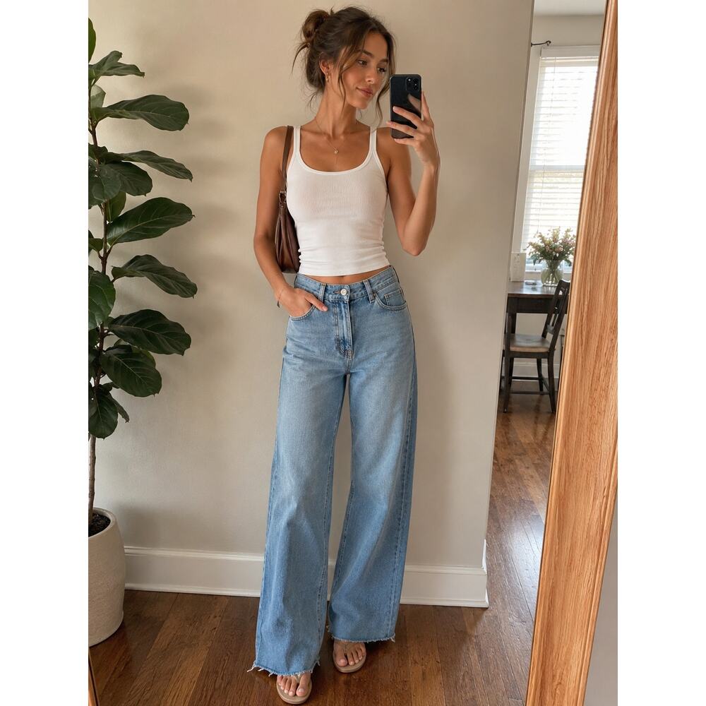 Zara Wide Leg Cropped Jeans Women’s Size 10 Light Wash Raw Hem Denim